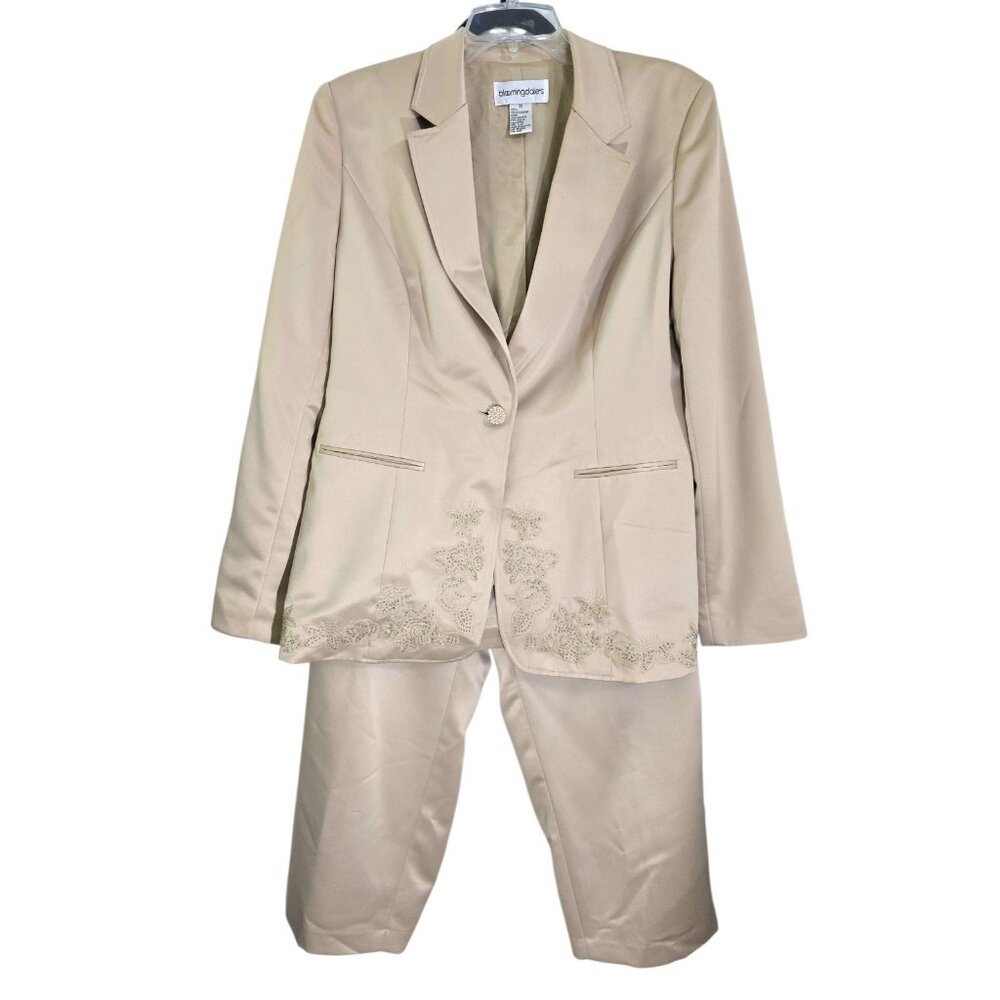 Bloomingdales Womens Beige 2 Pcs Set Blazer Sz 14 Pants Sz 16 Embroidered Beaded